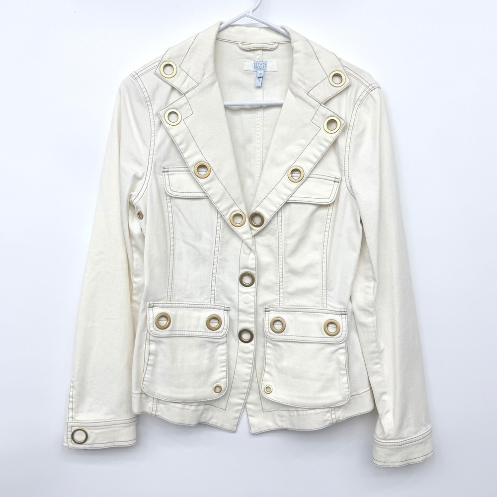 Escada Sport Cream Denim Utility Jacket Grommet Detail Made in Italy Size 42